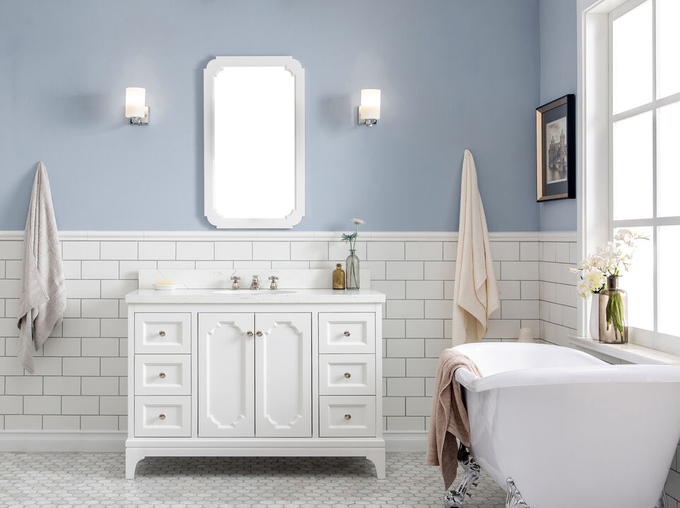 Queen 48 In. Single Sink Sink Carrara Quartz Countertop Bath Vanity in Pure White with Polished Nickel (PVD) Hardware