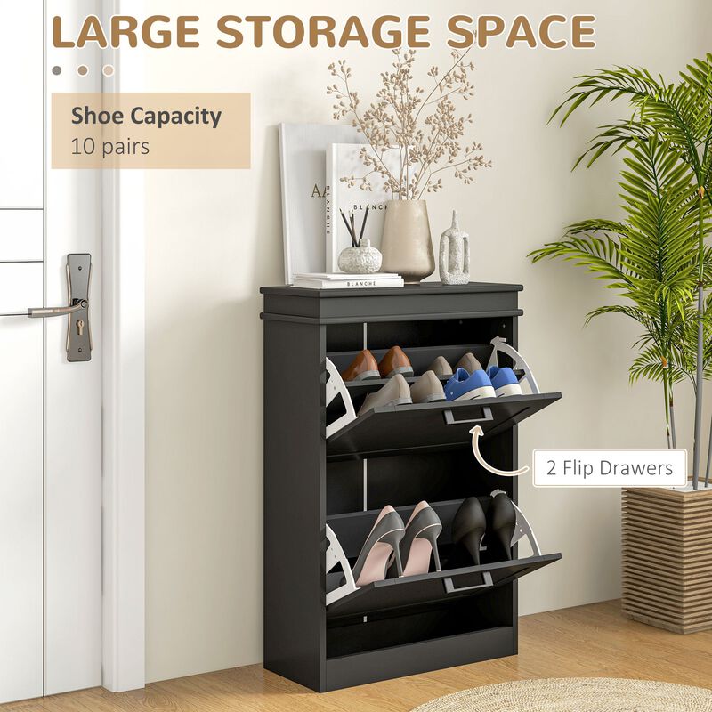 Black Shoe Cabinet: 2 Flip Drawers, 10-Pair Capacity