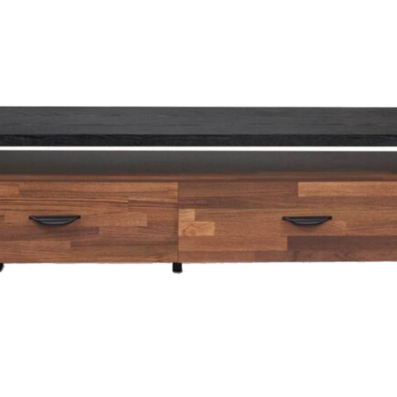 Metal Framed Wooden TV Stand Straight with Two Drawers and Open Shelf, Black and Brown-Benzara