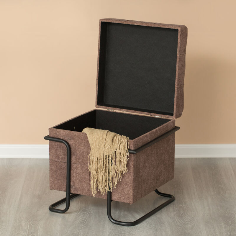 Square Fabric Storage Ottoman with Black Metal Frame, Yellow