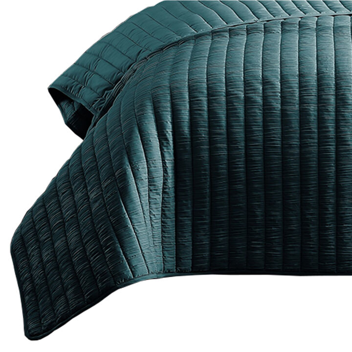 3 Piece Crinkle Queen Coverlet Set with Vertical Stitching, Turquoise Blue-Benzara