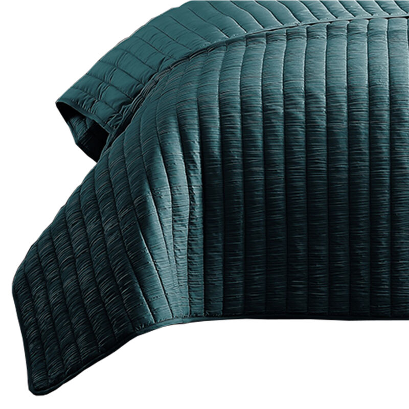 3 Piece Crinkle Queen Coverlet Set with Vertical Stitching, Turquoise Blue-Benzara