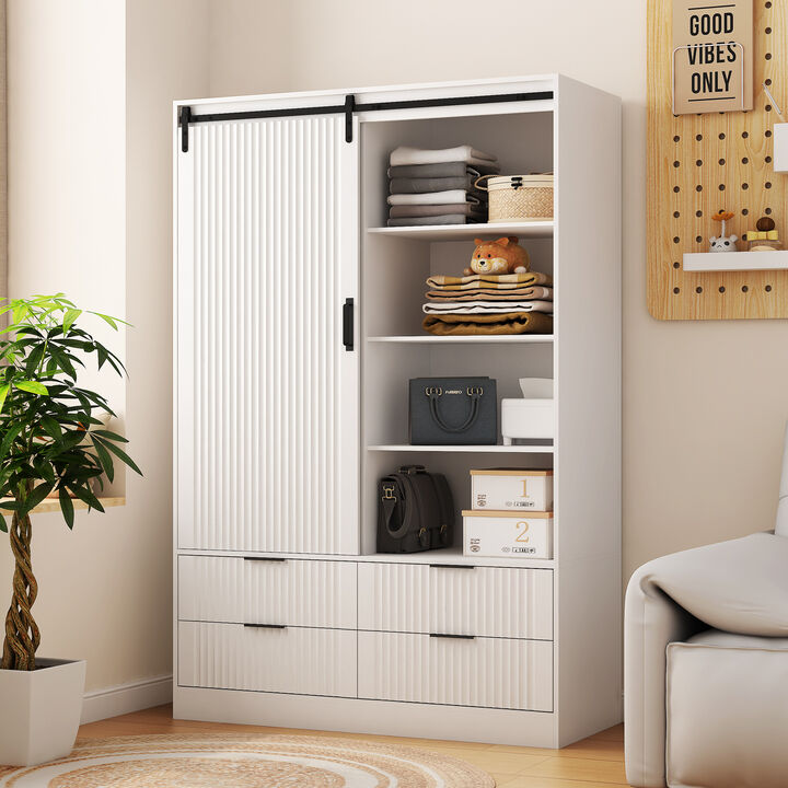 Modern 4-Drawer 4-Shelf Sliding Barn Door Wardrobe Armoire