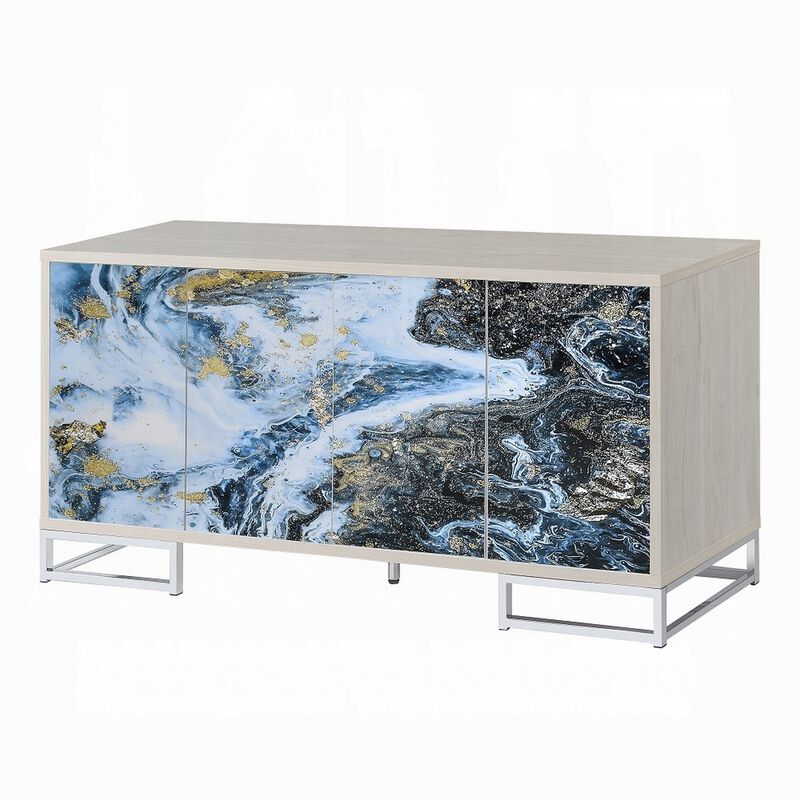 Sideboard Console Cabinet, 4 Door, 65 Inch Blue Marble Paint, White - Benzara