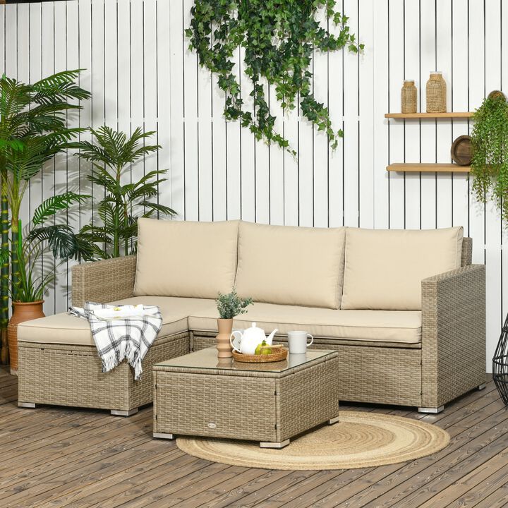 Khaki Outdoor Seating: 3pc Compact Wicker Sectional Set with Storage Table