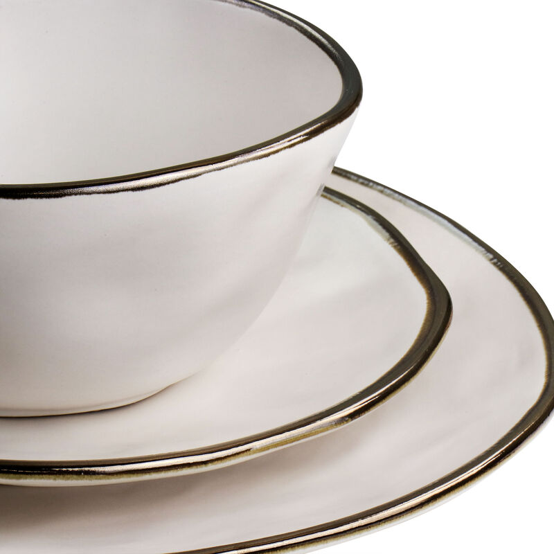 Elama Modern 16 Piece Stoneware Dinnerware Set in Matte White with Gold Rim