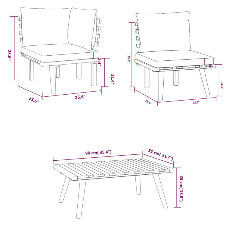 Roma 8pc Outdoor Modular Sofa Set, Table, White Cushions, Acacia Wood - Benzara