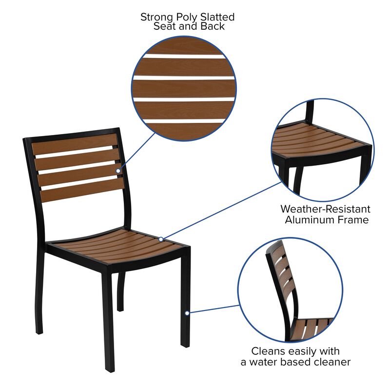 Flash Furniture Lark 7 Piece Patio Table Set - 4 Synthetic Stackable Faux Teak Chairs - 30" x 48" Faux Teak Table - Gray Umbrella with Base
