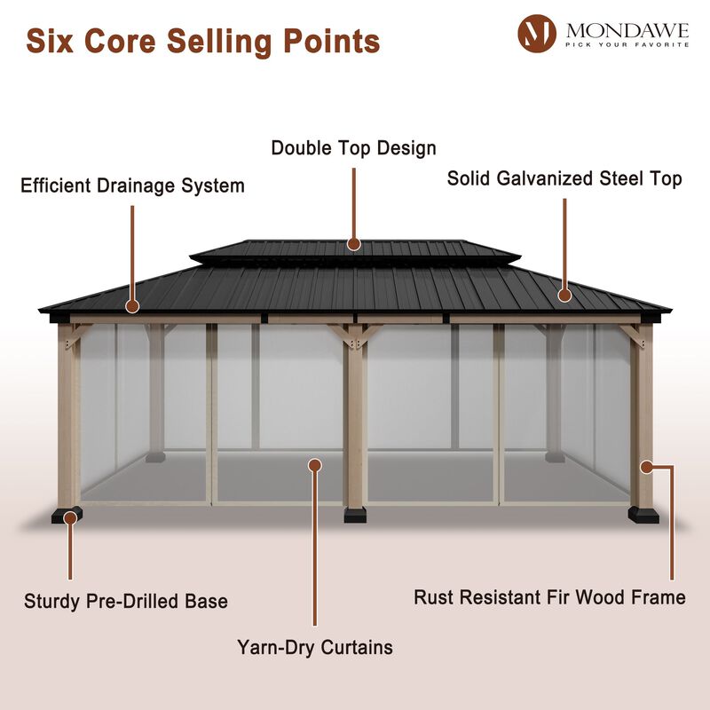 Mondawe Beverly Hills 12 ft. x 20 ft. Outdoor Fir Solid Wood Frame Patio Gazebo Canopy Shelter Galvanized Steel Hardtop Netting