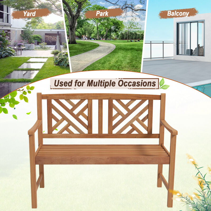 2-Person Wood Outdoor Bench with Cozy Armrest and Backrest-Brown