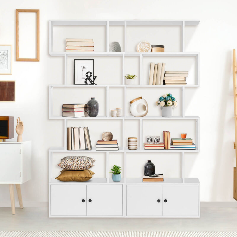 6-Tier S-Shaped Freestanding Bookshelf with Cabinet and Doors