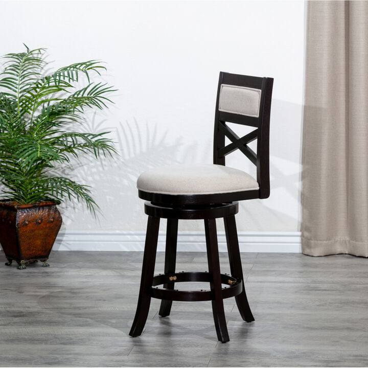 24" Counter Height X-Back Swivel Stool, Espresso Finish, Beige Fabric Seat
