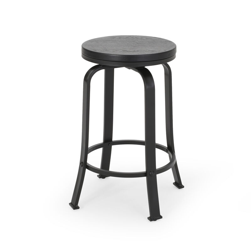 Modern Industrial Swivel Counter Stool with Faux Wood Seat