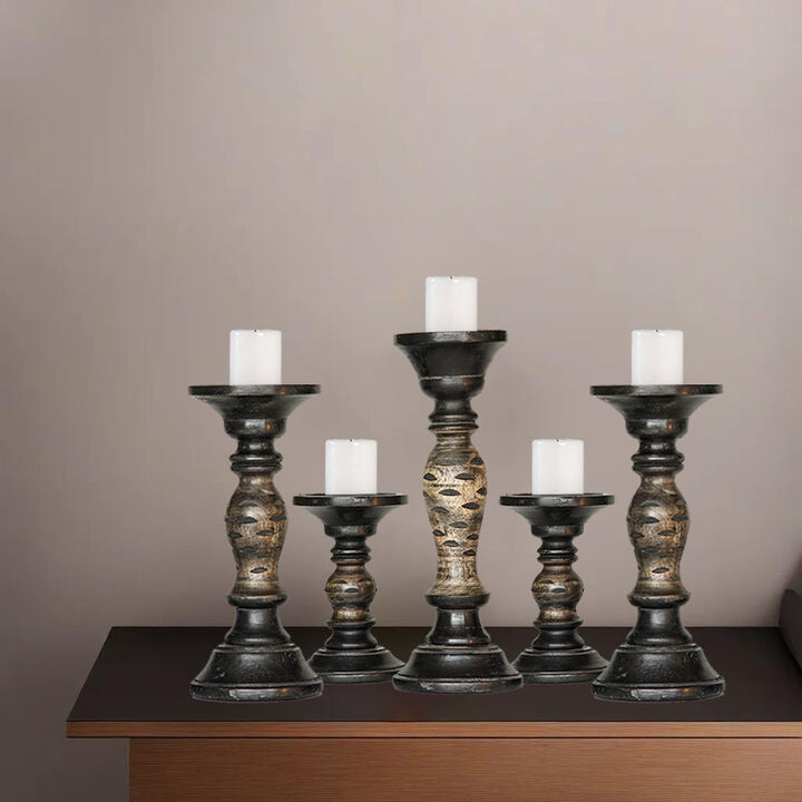 Traditional Dark Polish Eco-friendly Handmade Mango Wood Set Of Five 6",9",12",9" & 6" Pillar Candle Holder BBH Homes