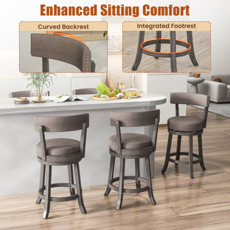 Set of 2 Counter Height Chairs with 360° Swivel Seat and Rubber Wood Frame