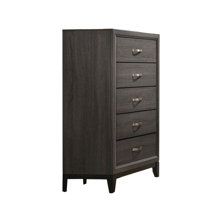 Erica Tall Dresser Chest, 5 Drawers, Gray Wood Finish, Metal Handles