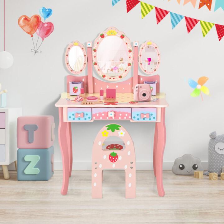 Hivvago Kids Vanity Princess Makeup Dressing Table Chair Set with Tri-fold Mirror