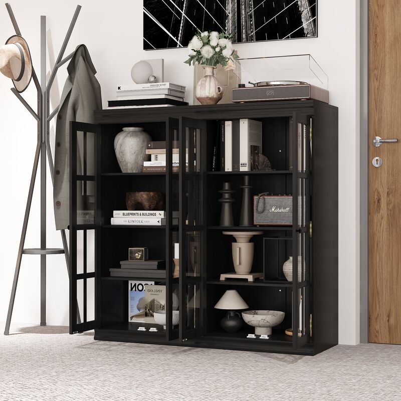 FUFU&GAGA Modern Black Glass Door Cabinet with Adjustable Shelves & Metal Handles (47.2" W x 15.7" D x 47.2" H), Black