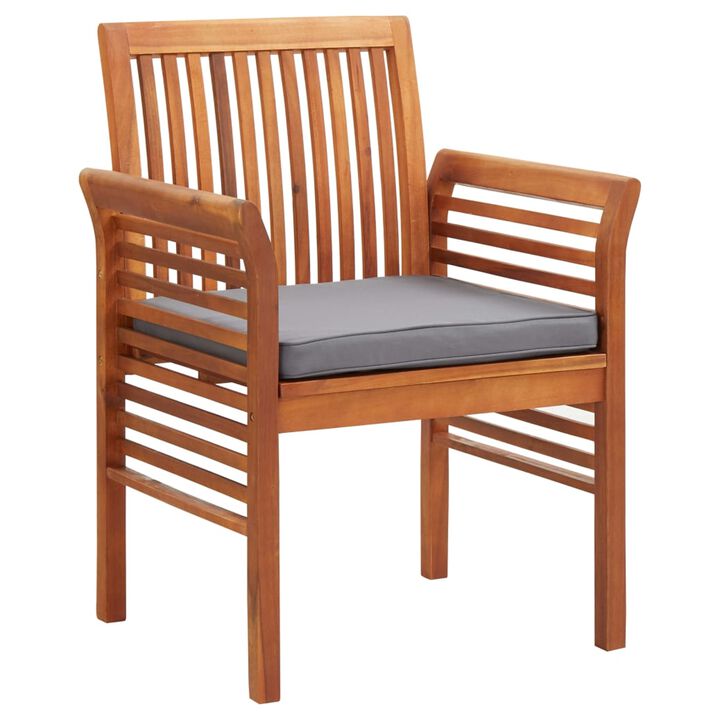 Outdoor Dining Chair Set of 4, Slatted Brown Acacia Wood, Gray Fabric - Benzara