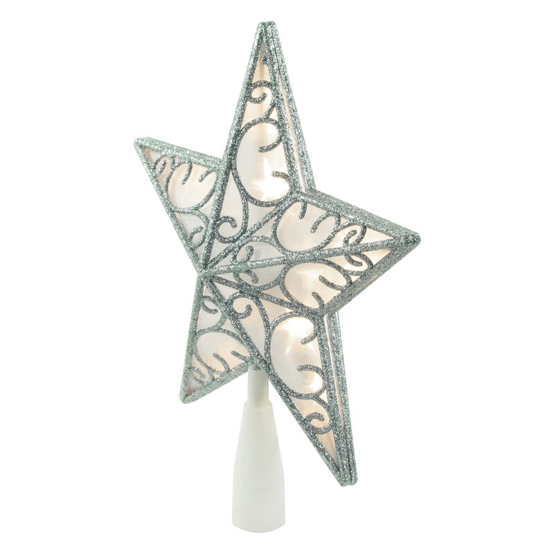 9" LED Lighted Silver Glitter Star Christmas Tree Topper  Warm White Lights