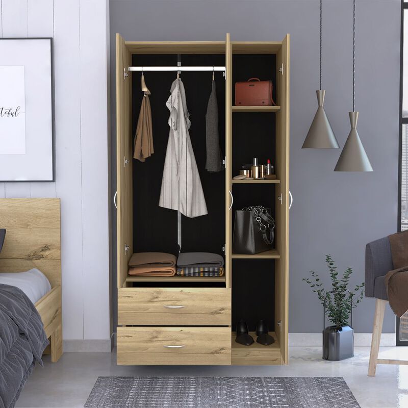 DEPOT E-SHOP Bosko 3 Doors Armoire, Two Drawers, Metal Rod