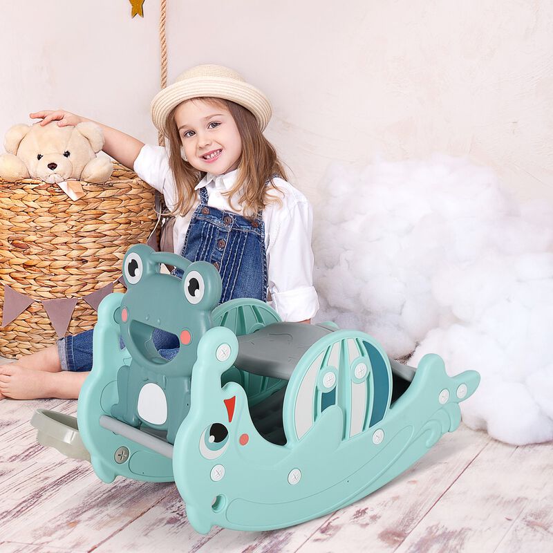 Green Toddler Playground: 3-in-1 Slide, Rocker, and Basketball Hoop
