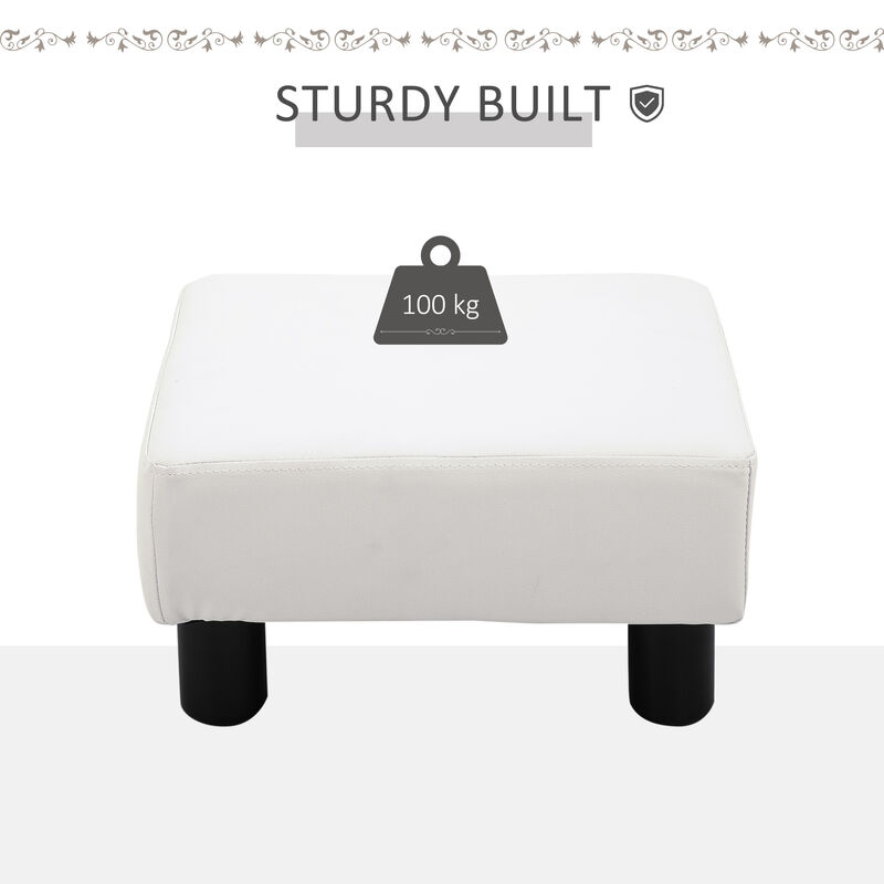 HOMCOM Ottoman Foot Rest, Small Foot Stool with Faux Leather Upholstery, Rectangular Ottoman Footrest with Padded Foam Seat and Plastic Legs, Bright White