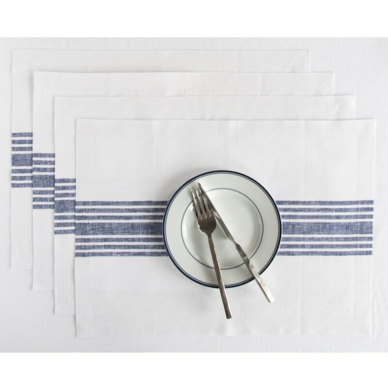 Solino Home 100% Pure Linen Stripe Placemats 14 x 19 Inch Set of 4 | Farmhouse