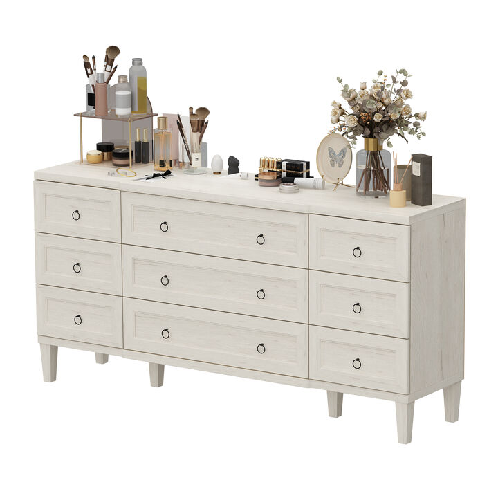 FUFU&GAGA Modern 9-Drawer Dresser, Wood Grain Storage Cabinet, Spacious Chest for Bedroom, Living Room, Hallway (63.4" W x 31.5" H x 15.4" D)