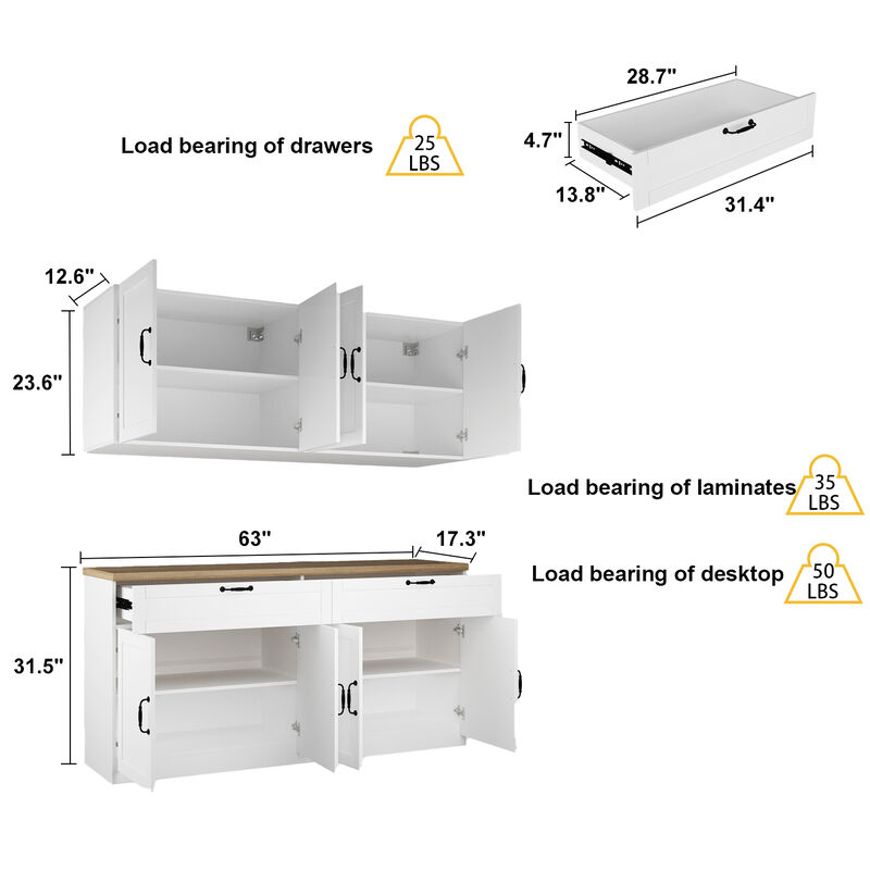 White Wooden Sideboard, Storage Cabinet, with Wall Mounted Kitchen Cabinet