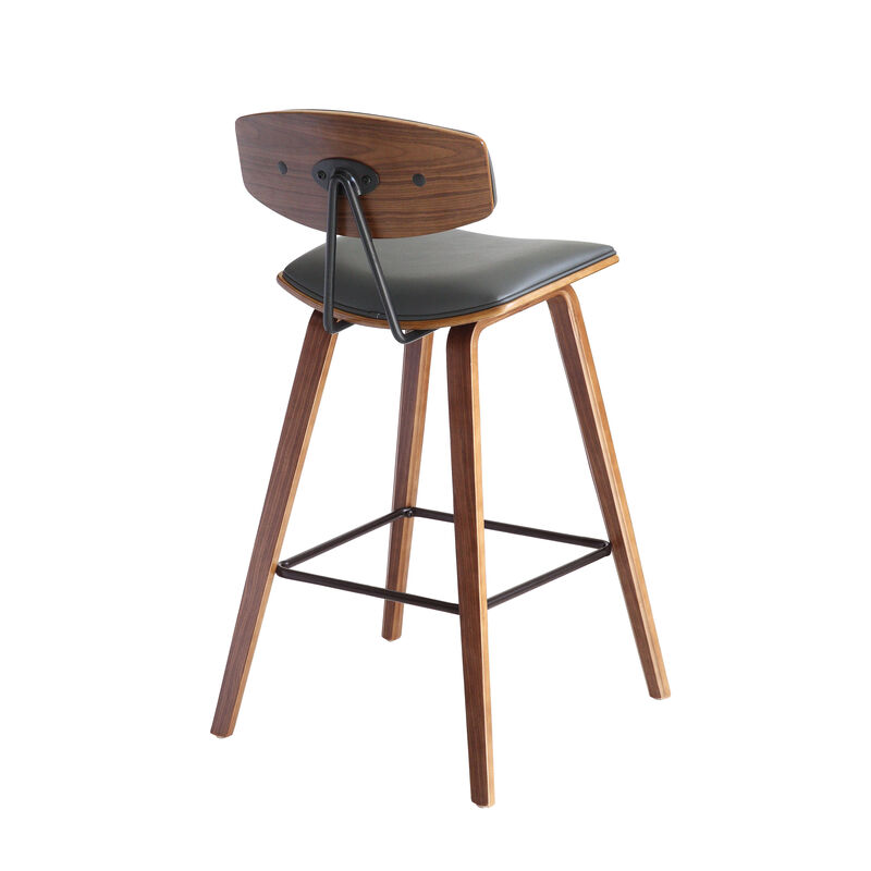 Fox Counter Height Black Faux Leather and Black Wood Mid-Century Modern Bar Stool
