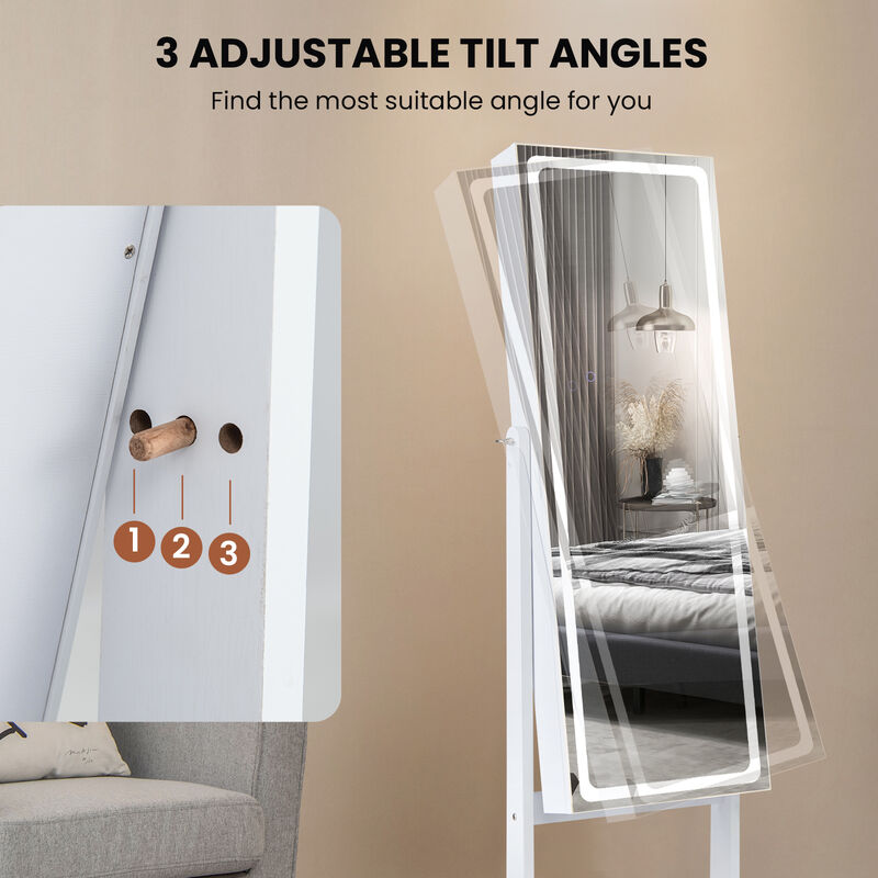 Lockable Jewelry Armoire Standing Cabinet with Lighted Full-Length Mirror