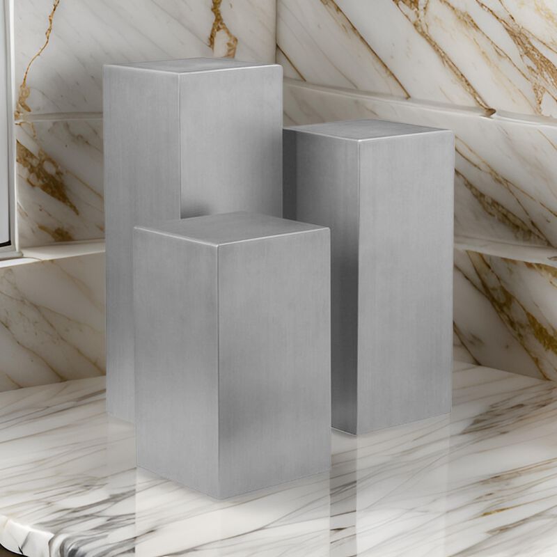Meta Set of 3 Pedestal Display Stand, Square Pillars Brushed Silver Steel - Benzara