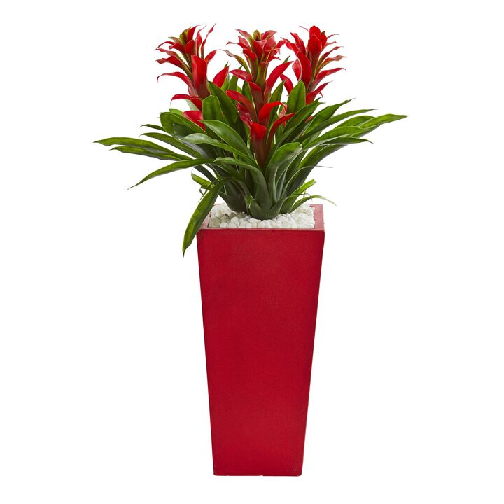 Hivvago Triple Bromeliad Artificial Plant in Red Planter