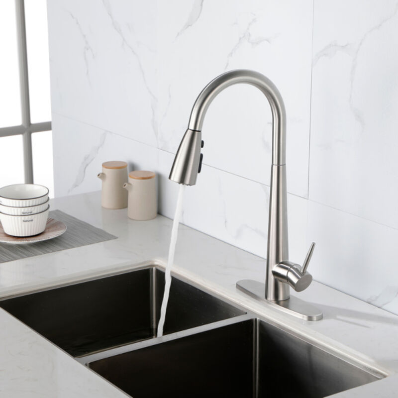 Modern Kitchen Faucet, Brushed Nickel, Pull-Down Sprayer, High Arc, Single Handle