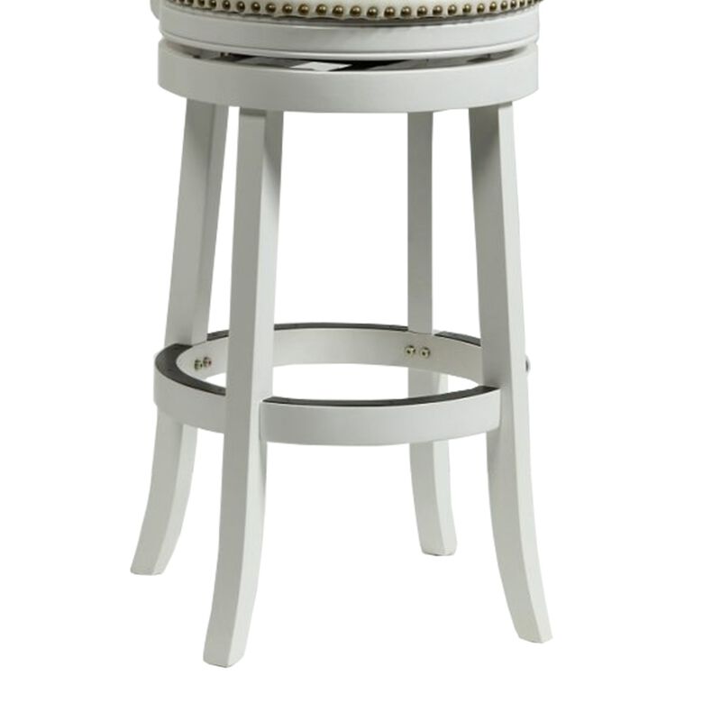 Nailhead Trim Round Leatherette Barstool with Flared Legs, White-Benzara