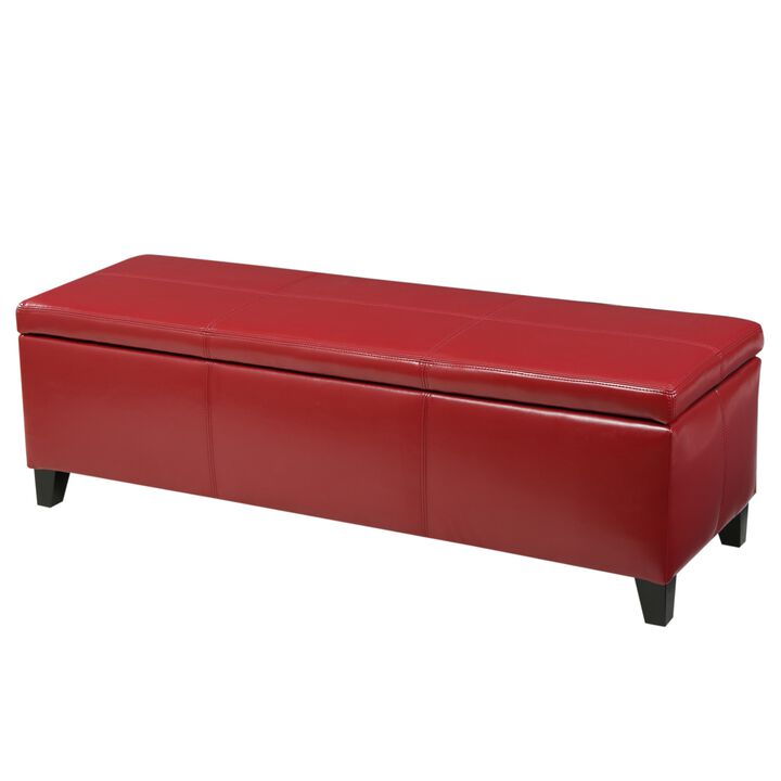 Elias Storage Ottoman Bench, 51 Inch Plush Cherry Red Faux Leather - Benzara