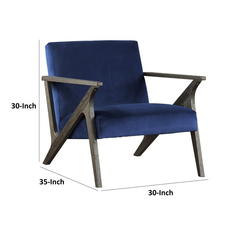 Esme 35 Inch Accent Chair Wood Armchair, Blue Velvet Cushioned Seat, Gray - Benzara