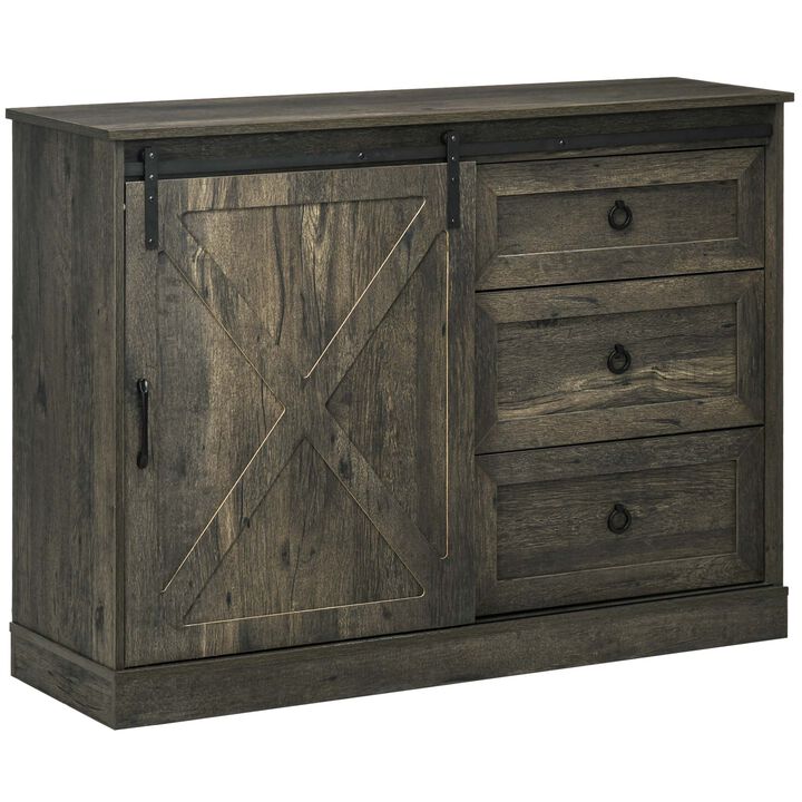 HOMCOM Farmhouse Sideboard Buffet Cabinet, Kitchen Cabinet Coffee Bar Cabinet with Sliding Barn Door and 3 Storage Drawers for Living Room, Dark Grey