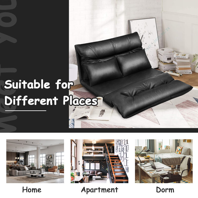 Foldable PU Leather Leisure Floor Sofa Bed with 2 Pillows