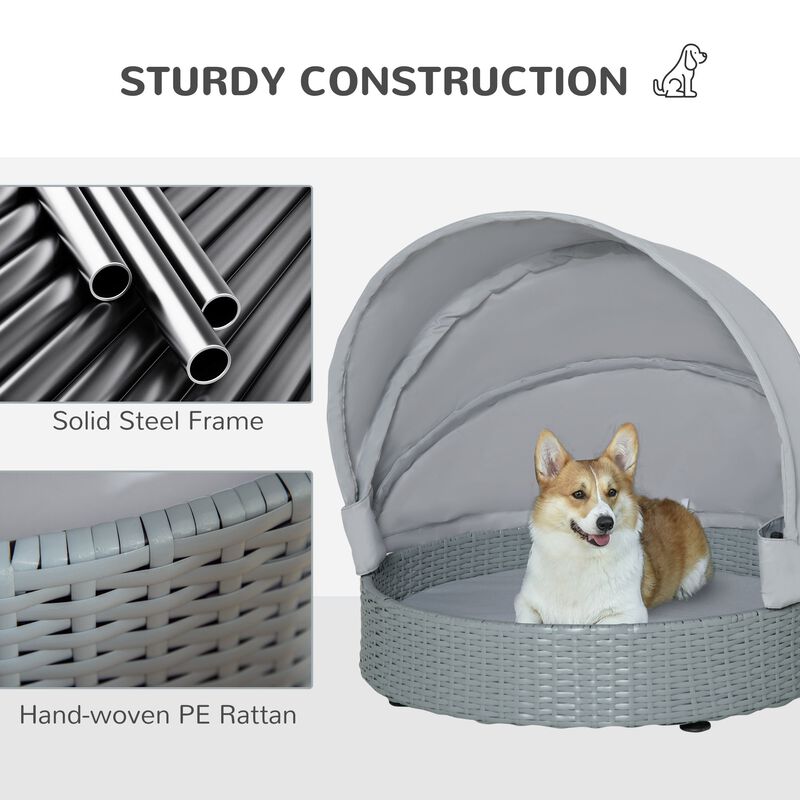 Grey Pet Retreat: Wicker Dog Cave Bed with Canopy for Indoor/Outdoor