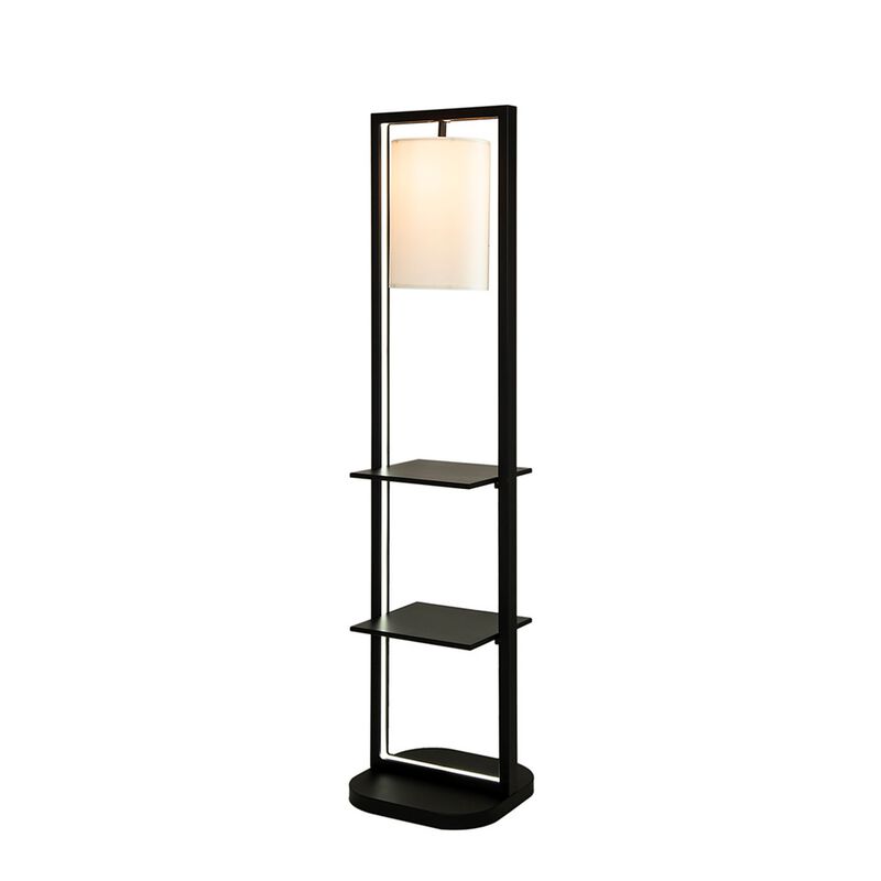 74 Inch Floor Lamp with 2 Shelves, Round Lampshade, Black Iron, White - Benzara
