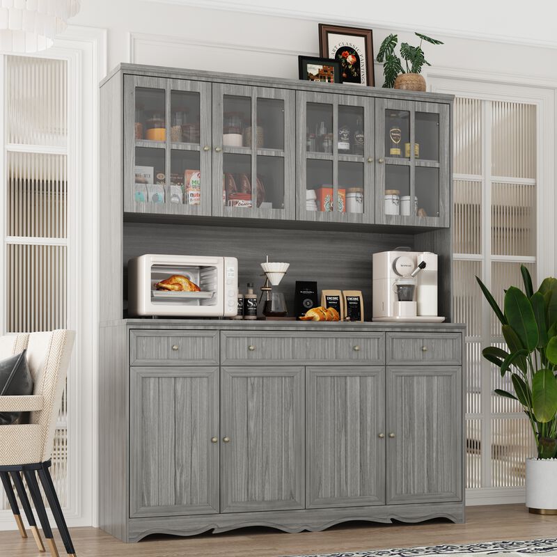 Gray Painted Wooden 61.2 in. W Buffet and Hutch Kitchen Cabinet with Drawers and Adjustable Shelves, Glass Doors