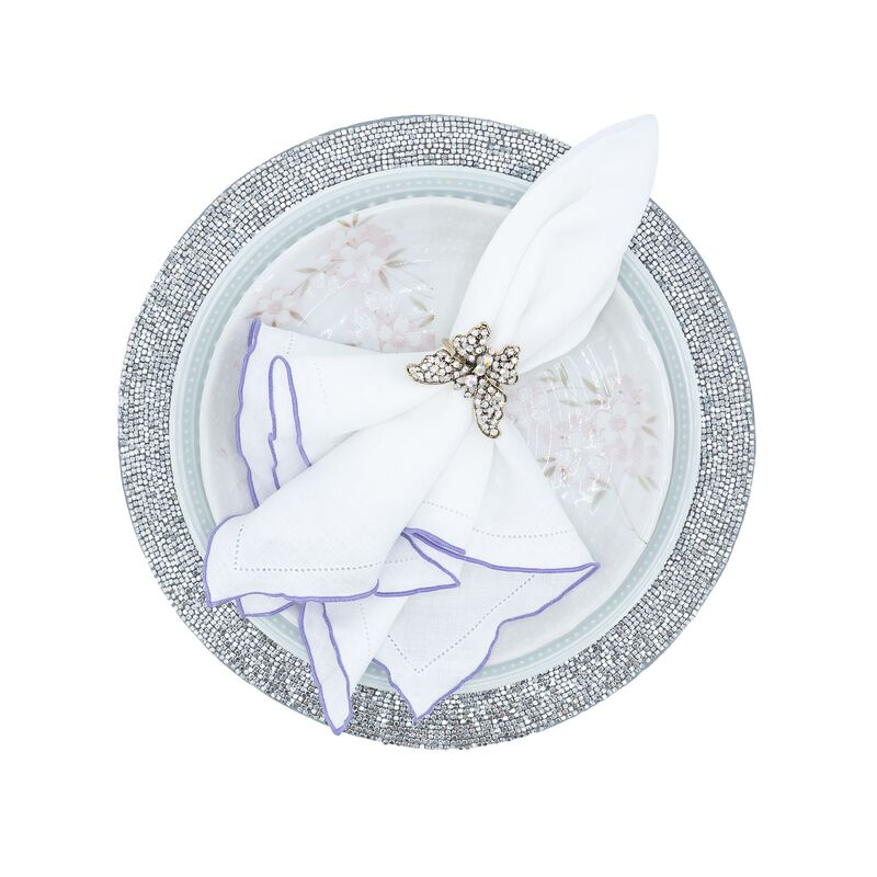 Linen Napkins With Purple Ruffled Hemstitch Edges, Set of 4