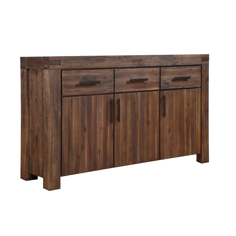 Three Drawers Solid Acacia Wood Sideboard with Three Door Cabinets, Brick Brown - Benzara