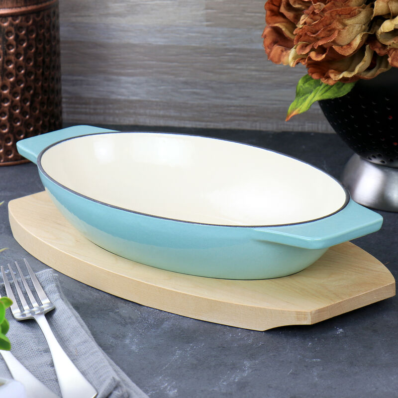 Martha Stewart 2 Piece Enameled Cast Iron Oval Casserole Birch Wood Trivet Set in Aqua