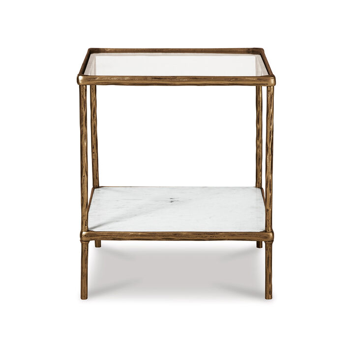 Dalie 25 Inch Accent Table, Square Glass Tabletop, Marble, Antique Gold - Benzara