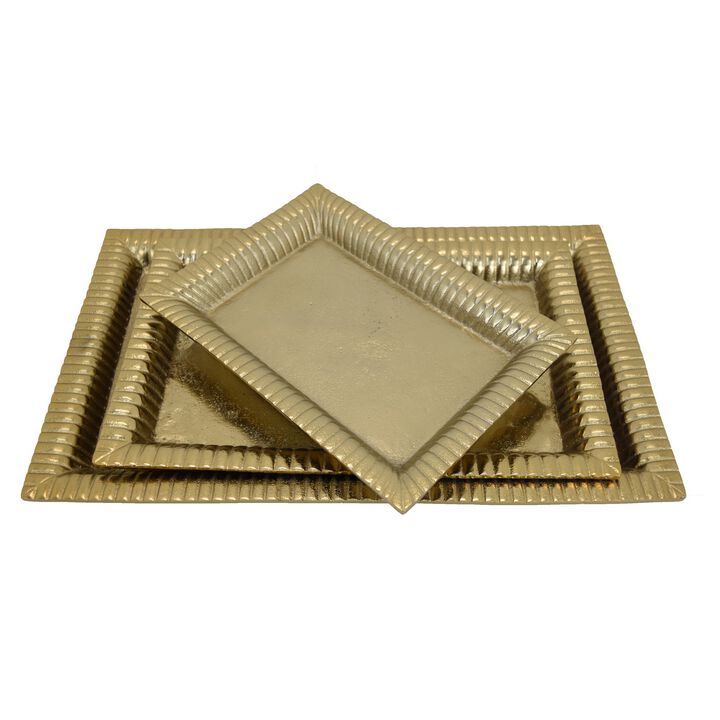 Nancy Tray Set of 3, Wavy Edges, Golden Metal Frames, Rectangular - Benzara