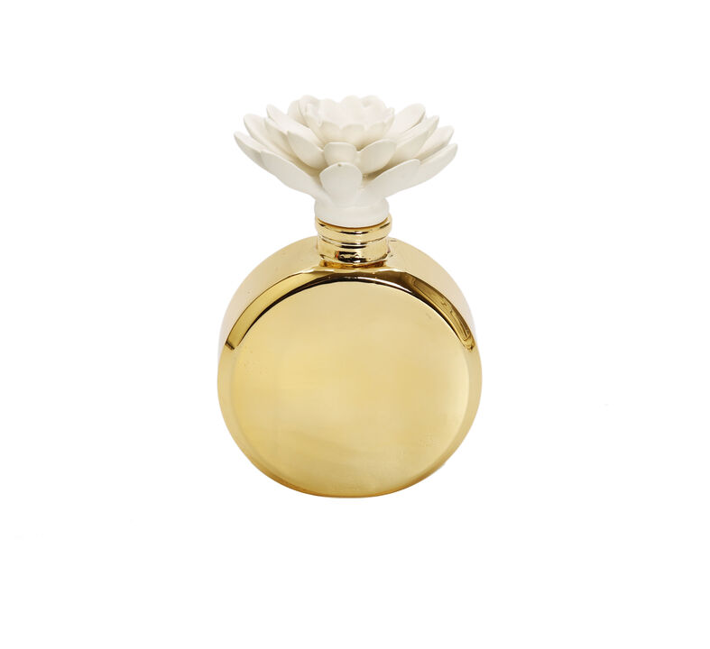 Gold Bottle Diffuser With White Flower, "Iris & Rose" Scent
