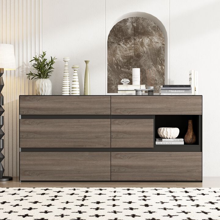 FUFU&GAGA Modern 6-Drawer Sideboard with Open Storage, Black and Rustic Wood Finish (63" W x 15.9" D x 30" H),Brown